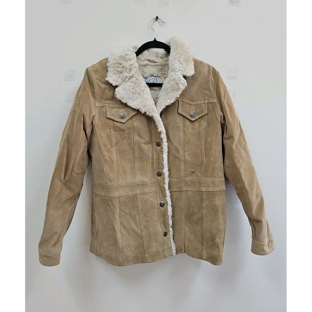 Vintage Y2K WILSONS LEATHER Suede Tan Faux Fur Womens Xl Jacket Coat Hipster